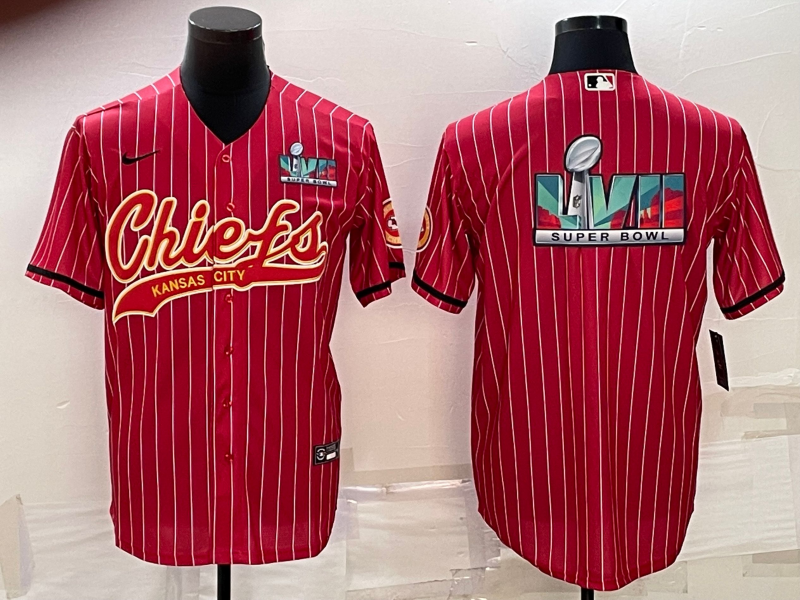 Men's Kansas City Chiefs Red With Super Bowl LVII Big Logo Cool Base Stitched Baseball Jersey